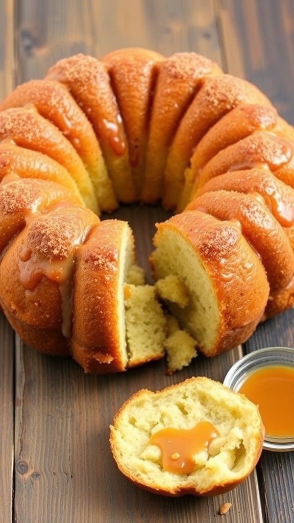 Golden-brown monkey bread made with jumbo biscuits, drizzled with glaze, on a wooden table.